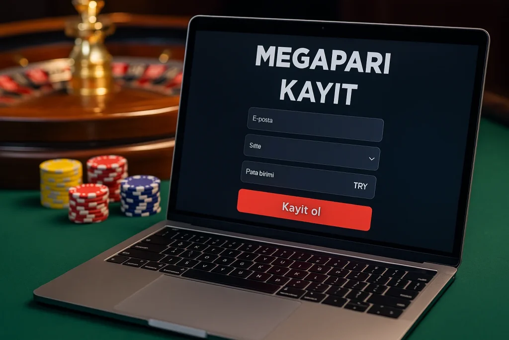 Megapari Kayıt – Güvenli ve Hızlı Üyelik Adımları Megapari kayıt ol sayfasının açık olduğu dizüstü bilgisayar ve yanında rulet ile casino fişleri
