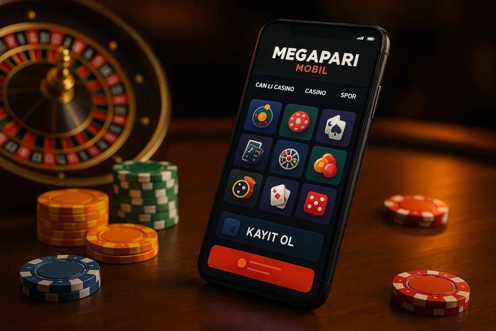 Megapari Mobil uygulamasının açık olduğu akıllı telefon ve çevresinde gerçekçi casino fişleri ile rulet sahnesi